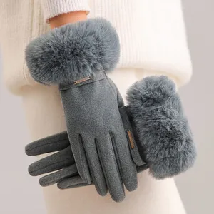 Elegant Winter Gloves Plush Faux Fur Trim Decorative Metal Label Soft Lining Daily Wear Winter Gloves thumbnail-5