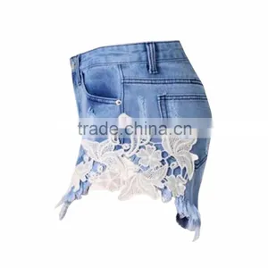 Lace Floral Beading Shorts Wash Rivet Decorated Girls Jeans Pants thumbnail-5