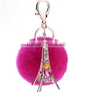 Factory Customized Pink Rabbit Fur Ball Rhinestone Eiffel Tower Keychain Quality Choice thumbnail-2