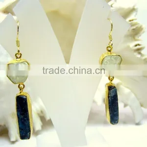 Aquamarine & Kyanite Rough Natural Gemstone Earrings, 925 Solid Sterling Silver Earrings, Designer Vermeil Dangle Earrings thumbnail-3