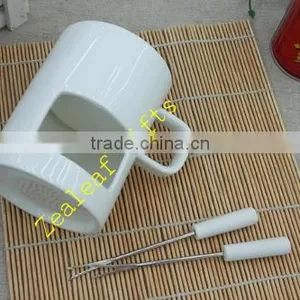 Special Ceramic Chocolate Fondue Cup,white Ceramic Fondue Mug With Forks thumbnail-2