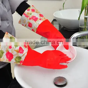 Red Wide Mouth Plus Velvet Long Flower Rubber Gloves Antiskid Household Dishwashing Cleaning Warm Gloves thumbnail-4
