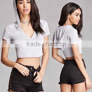 T Shirt Hoodies, Sweatshirts Customized Hoodies, Ladies Cotton Spandex V-neckline Short Sleeves Hooded Cropped Top Hoodie thumbnail-1
