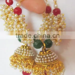 Red Green Pearl Hoop Bollywood Gold Tone Dangler Jhumka EARRINGS thumbnail-2