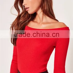 Red Opening Soulder Raglan Sleeve Bodysuit Cotton Blends Long Sleeve Sexy Plain Sweater thumbnail-4