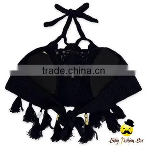Fancy Black Plain Knitting Halter Decorative Tassel Kids Holiday Swimwear Yong Girl Bikini Bra thumbnail-1