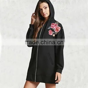 High Quality Windproof Blcak Embroidered Floral Hoodie Womens Long Jackets thumbnail-2