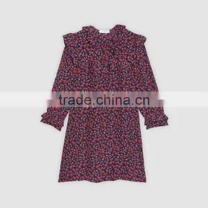 Ruffled at Neck and Cuff, Ladies Round Neck and Long Sleeve Dress thumbnail-6