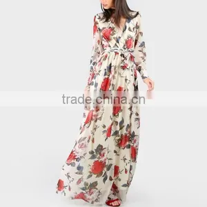 One-piece Dress Deep V Printed Floral Beige Chiffon Dress thumbnail-1