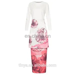 2017 Latest Fashion Chiffon Elegant Long Sleeve Flower Printed Baju Kurung Malaysia Modern thumbnail-6