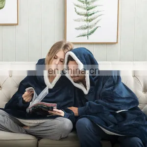 Wholesale Custom Comfy Men Women Ultra-plush Warm Durable Breathable Wearable Sherpa Blanket Hoodie For Winter thumbnail-2