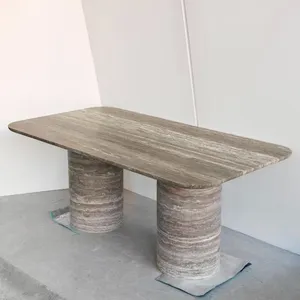 Natural Premium Light-Luxury Silver Grey Travertine Marble Stone Dining Coffee Tea Table for Villas Hotels and Homes thumbnail-2
