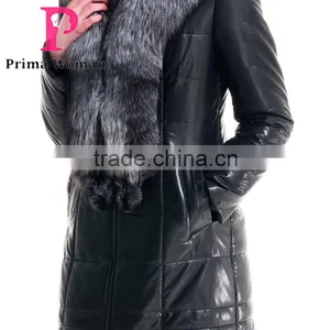 2015 Winter Medium Length Women Leather Jacket With Brown Fox Hat Overcoat thumbnail-5