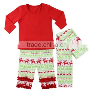 2016 Red Shirt Kids Pajamas Suit With Scarf Printed Christmas Deer Ruffle Pants Baby Autumn Clothes Christmas Infant Clothes thumbnail-1