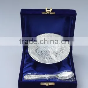 Silver Plated Brass Bowl With Spoon and Peacock Emboss in a Velvet Box thumbnail-1