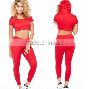 Plain Track Suit Wholesale Womens Red Ribbed Solid Hoodie Crop Top Leggings Set 2 Piece Casual Wear Latest Design Tracksuit thumbnail-1