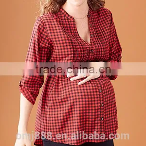Plus Size Women Clothing Button up Plaid Maternity Top thumbnail-1