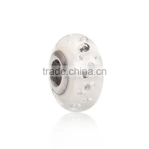 Lampwork Glass & Cubic Zirconia European Style Large Hole Charm Beads Round Clear W/ Stainless Steel Silver Tone Core thumbnail-1