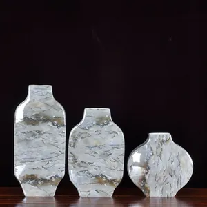 Marble Applique Countryside Style Flat Grey Gold Ceramic Vase For Coffee Shop Decor thumbnail-4