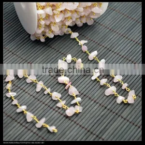LFD-001C ~ Wholesale Gold Plated Wire Wrapped Freeform Rose Quartz Chips Chain Gem Stone Beaded Chain Jewelry Findings thumbnail-3