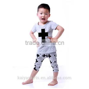 2016 Summer Kaiya Solid Cotton Printed Short T-shirt and Pant Kids Boys Clothes Sets thumbnail-4