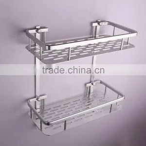 Silver Wall Mounted Bathroom Aluminum Storage Shelf Basket With Hooks thumbnail-1