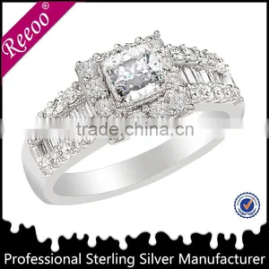 925 Silver CZ Emerald Cut Engagement Ring Baguette Side Stones thumbnail-1