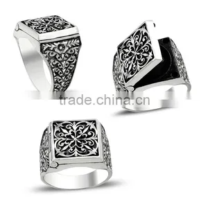 925K Sterling Silver Art Design Carved Men Pill Box Ring Handmade thumbnail-1