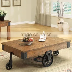 Distressed Wood Country Wagon Coffee Table With Wheels thumbnail-1