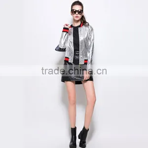 Outerwear Top Autumn High Quality Runway Coats Fashion Stand High Collar Baseball Uniform Silver PU Bomber Jacket Coat thumbnail-5
