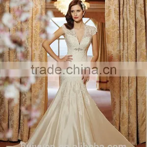 Champagne Color Satin Lace Cap Sleeve Mermaid Deep Backless Wedding Dress thumbnail-1