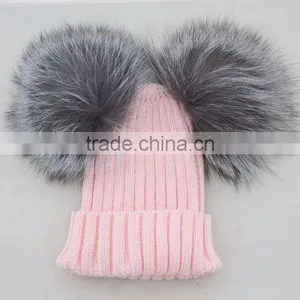 Myfur Khaki Green Fashion Knitting Hat With Genuine Silver Fox Fur Pom Poms thumbnail-6