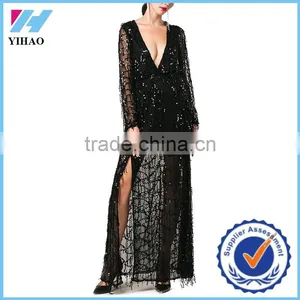 Yihao 2016 Sexy Nighty Ankle-length Long Sleeve Deep V Two Split Sequin Maxi Dresses of Woman Dress thumbnail-1
