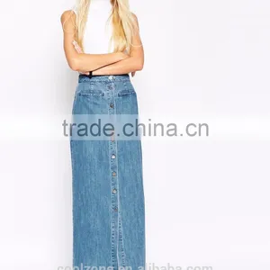 New Arrival Button Front Ladies Denim Skirt Wholesale Jean Maxi Skirts 2015 thumbnail-3
