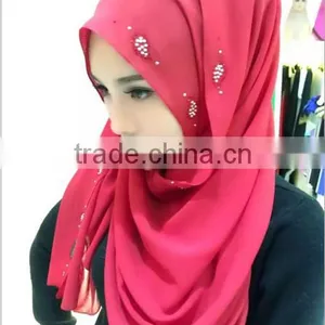 Factory Direct Sales of the New Muslim Scarf Hui Chiffon Long Paragraph Hot Drill Pure Color Convenient Paragraph Head Scarf thumbnail-1
