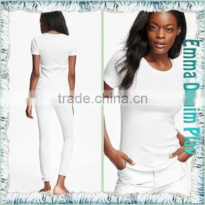 Fashion Plain Design Solid White Organic Cotton Womens Tight Fit Short Sleeve Tee Shirts thumbnail-3