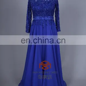 Lace Embroidered Royal Blue Long Sleeves Maxi Evening Dress For Fat Women HMY-CDA041 Ladies Long Evening Party Wear Gown thumbnail-1