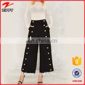 Wide Leg Palazzo Women's Pants With Gold Button Closure thumbnail-1