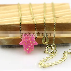 High Quality Synthetic Pink Opal Hamsa/Hand Opal 18K Gold Plated 925 Sterling Silver Box Chain Necklace Made in China thumbnail-6