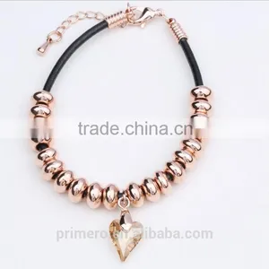 Fashion Austrian Crystal Plated Bracelets Leather Rope Heart Love Beads Bangles Jewelry thumbnail-4