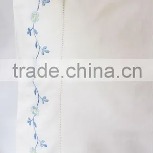 100% White Cotton Blue Flowers and Stems Embroidered Hemstitched Pillowcases thumbnail-1
