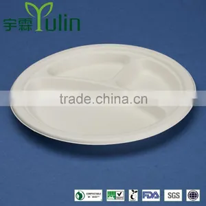 PL-09-3 9 Inches Diposable Sugarcane 3 Compartment Divided Round Dinner Plates Quality Choice thumbnail-1
