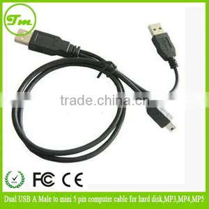 Dual USB 2.0 A Male to Mini 5 Pin Computer Cable for Hard Disk,MP3,MP4,MP5 thumbnail-1