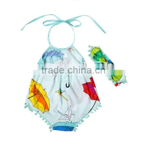 Baby Romper With Pompom And Headband.Summer Children Clothes.Floral Decoration. thumbnail-5