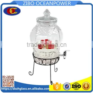 Embossing Glass Beverage Dispenser With Tap in Metal Stand thumbnail-1
