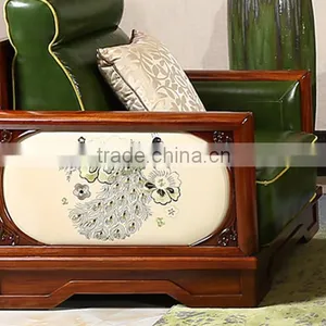Country Style Wooden And Genuine Leather Sofa Set With Peacock Pattern, Neo Classic Living Room Set(MOQ=1 SET) thumbnail-2
