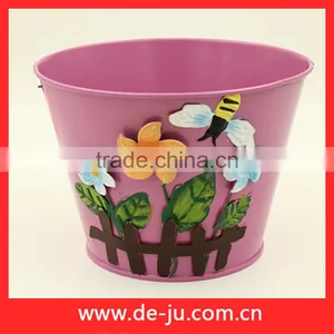 Green Printing With Flowers Round Small Metal Planter thumbnail-3