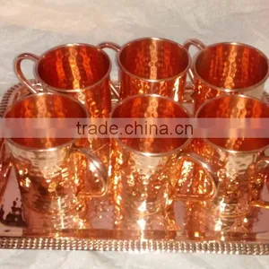 FDA APPROVED 100% PURE COPPER MOSCOW MULE DRINKING MUGS SET WITH COPPER SERVING TRAY thumbnail-1