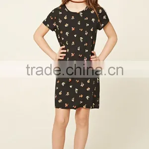 Wholesale Children's Boutique Clothing Girls Allover Floral Print Shift O-Neck Short Sleeves Knit Latest Dress Designs thumbnail-2