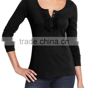 Women's Long Sleeve t Shirt With Ruffled Placket thumbnail-1